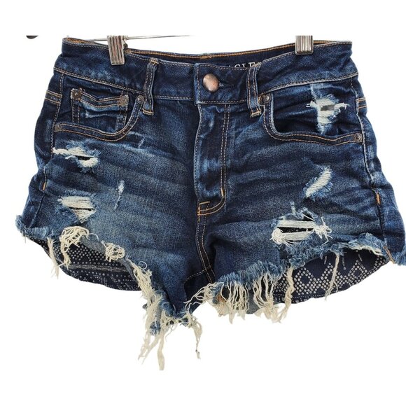 American Eagle XS Denim High-Rise Festival Distressed Frayed Cut-off Jean Shorts - Picture 2 of 9